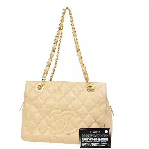 CHANEL CC Logo PTT Matelasse Chain Shoulder Bag Caviar Leather Beige - Picture 1 of 16